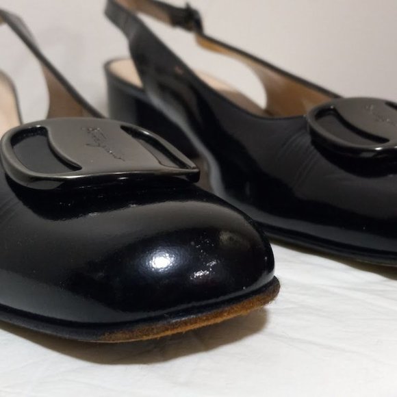 Salvatore Ferragamo Boutique Leather Slingback Block Heel Shoes Black Sz 8.5 3A - Picture 8 of 14